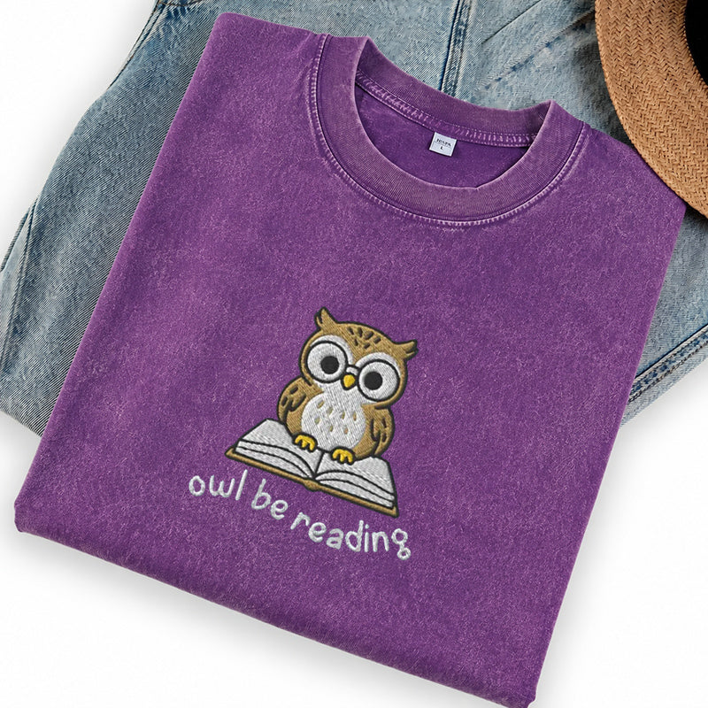 Embroidered Owl Be Reading Washed Crew Neck T-Shirt