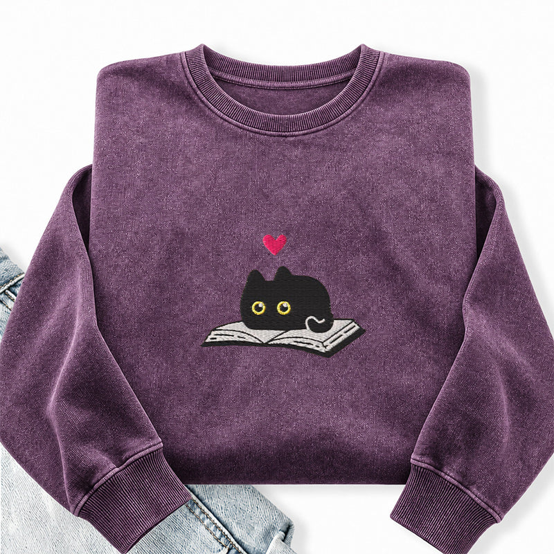 Embroidered Black Cat And Book Washed Crewneck Sweatshirt