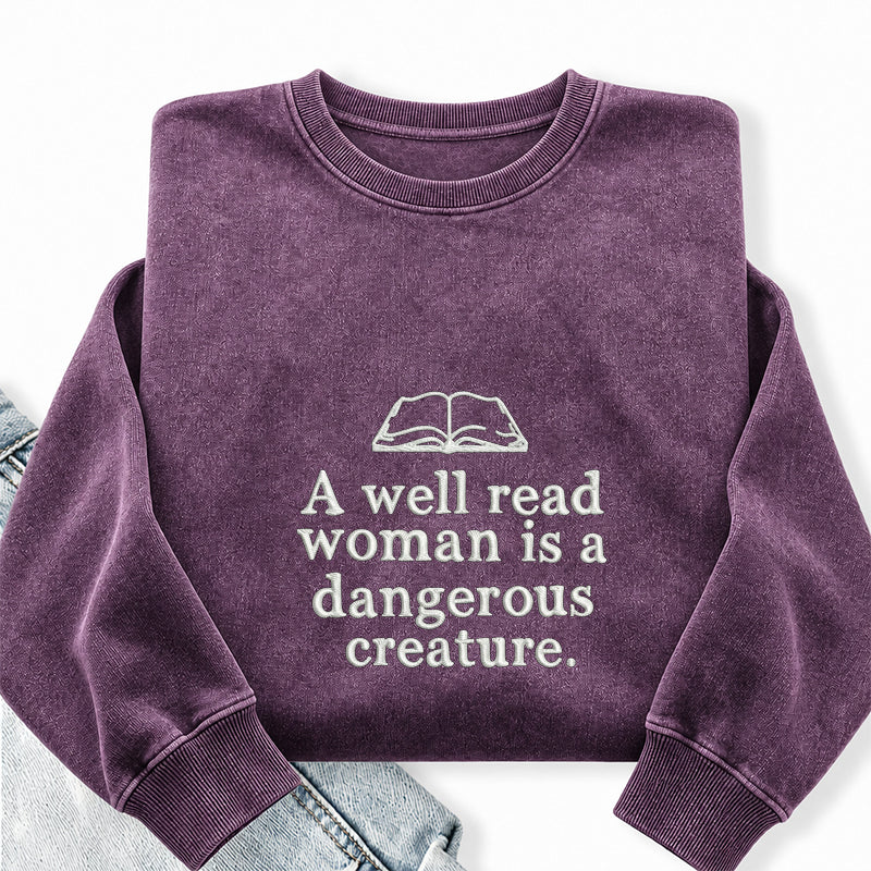 Embroidered A Well Read Woman Washed Crewneck Sweatshirt