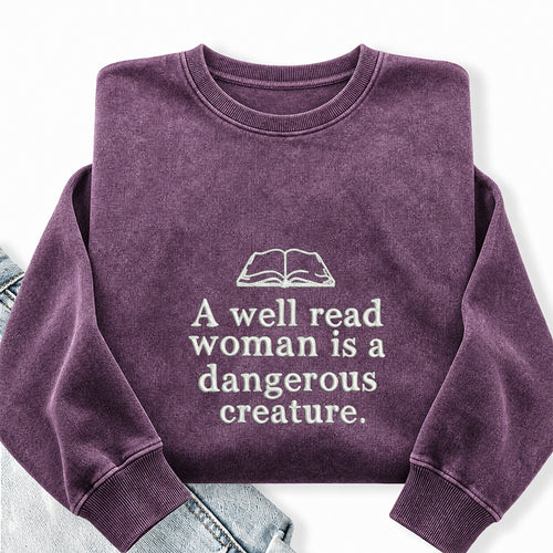 Embroidered A Well Read Woman Washed Crewneck Sweatshirt