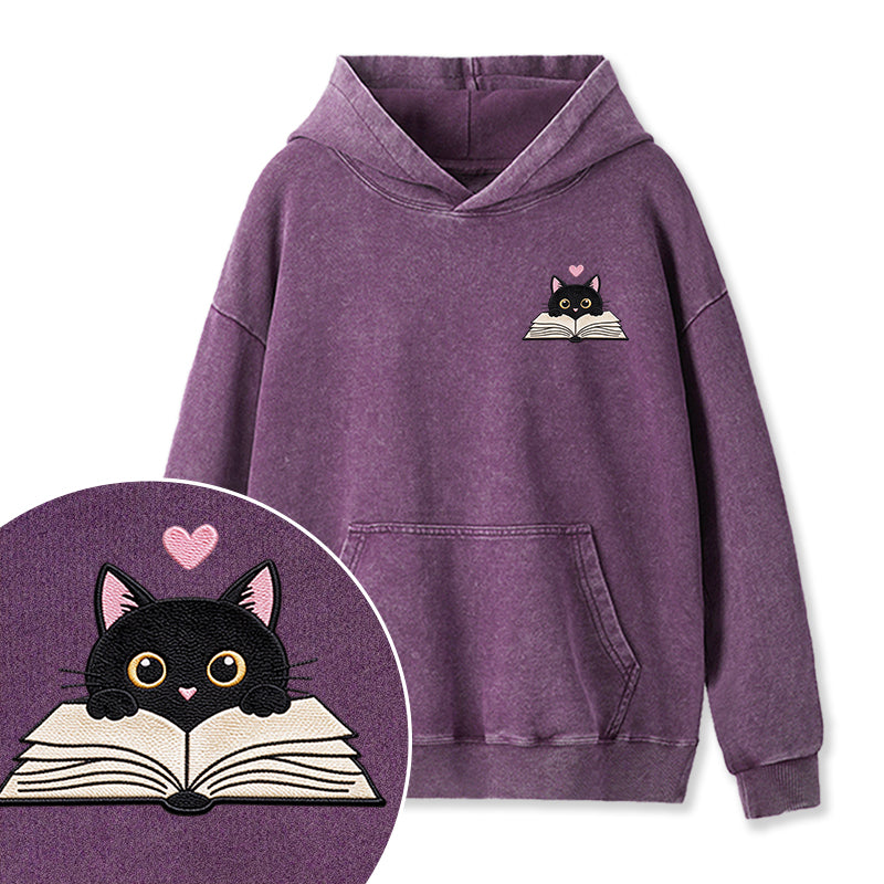 Embroidered Reading Black Cat Washed Hoodie