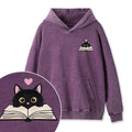 Embroidered Reading Black Cat Washed Hoodie