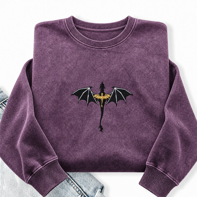 Embroidered Fantasy Book Dragon Washed Crewneck Sweatshirt