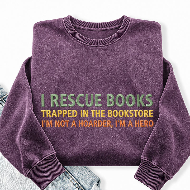 Embroidered I Rescue Books Washed Crewneck Sweatshirt