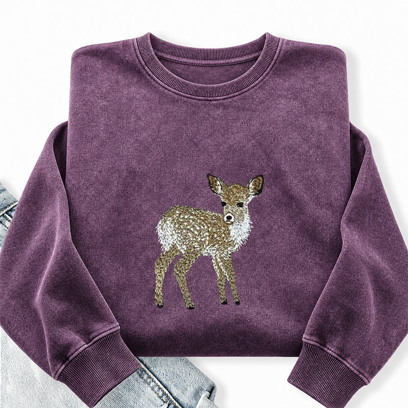 Embroidered Forest Deer Washed Crewneck Sweatshirt