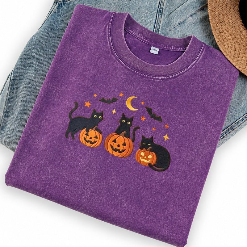 Embroidered Black Cats and Pumpkin Halloween Washed Crew Neck T-Shirt
