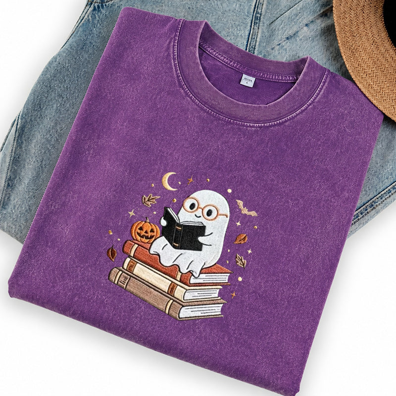 Embroidered Ghost Reading Books Washed Crew Neck T-Shirt