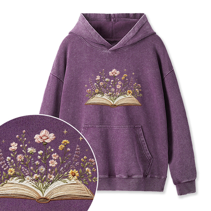 Embroidered Floral Book Washed Hoodie
