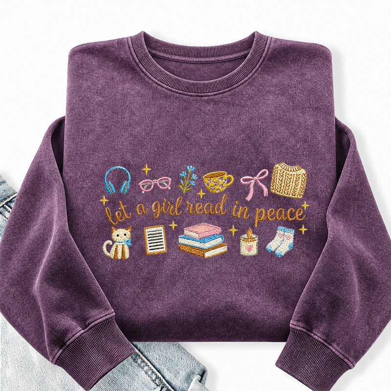 Embroidered Let A Girl Read In Peace Washed Crewneck Sweatshirt