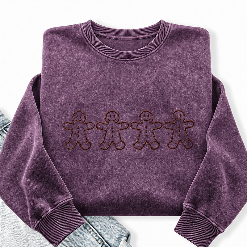 Embroidered Gingerbread Men Christmas Washed Crewneck Sweatshirt