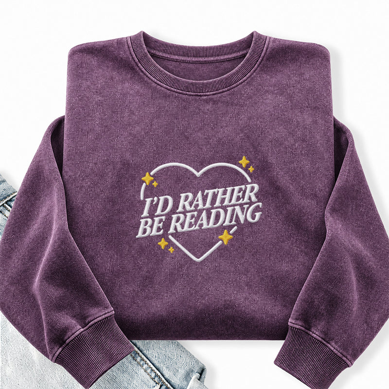 Embroidered I'd Rather Be Reading Heart Washed Crewneck Sweatshirt