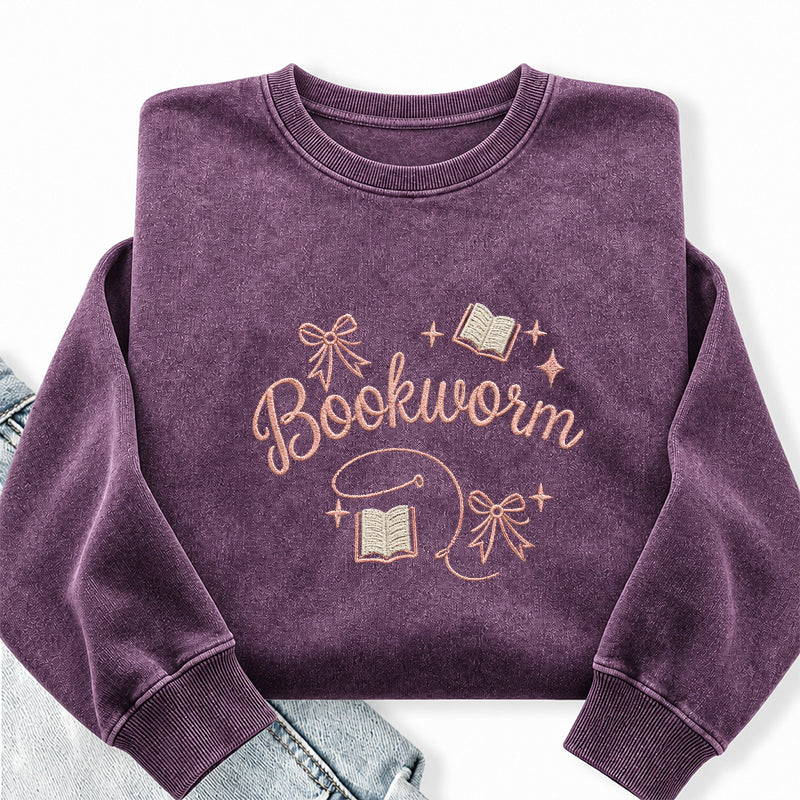 Embroidered Funny Bookworm Washed Crewneck Sweatshirt