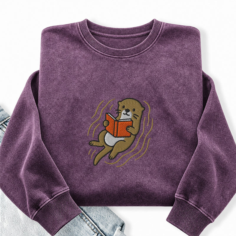 Embroidered Otter Read Book Washed Crewneck Sweatshirt