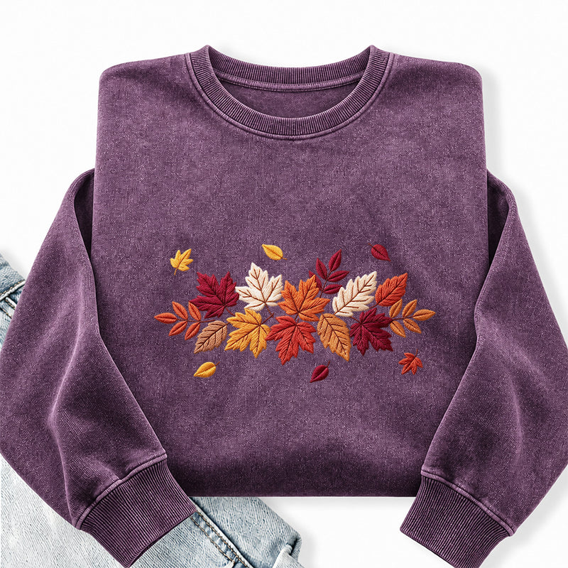 Embroidered Cozy Autumn Leaves Washed Crewneck Sweatshirt