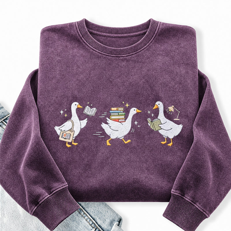 Embroidered Bookish Goose Washed Crewneck Sweatshirt