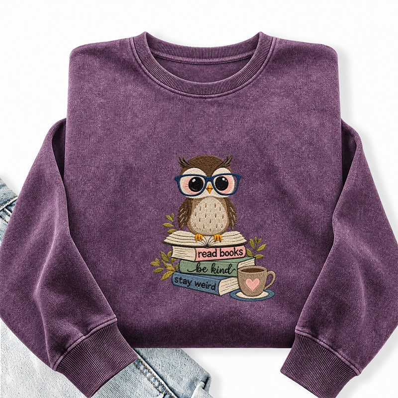 Embroidered Read Books Be Kind Owl Washed Crewneck Sweatshirt