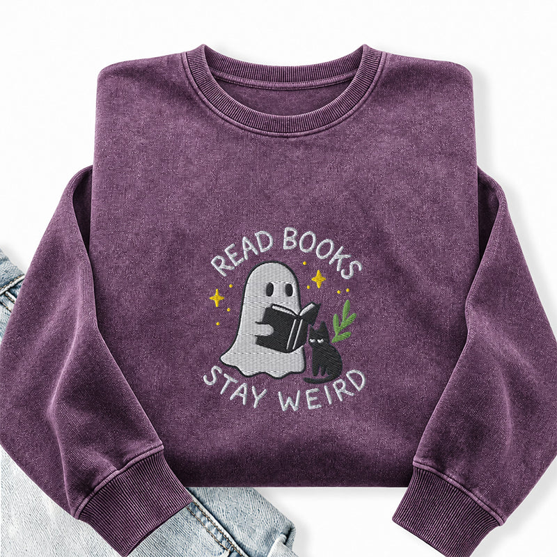 Embroidered Read Books Stay Weird Ghost Washed Crewneck Sweatshirt