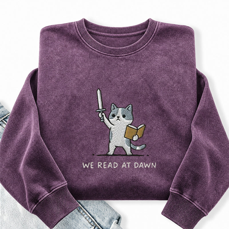 Embroidered We Read At Dawn Cat Washed Crewneck Sweatshirt