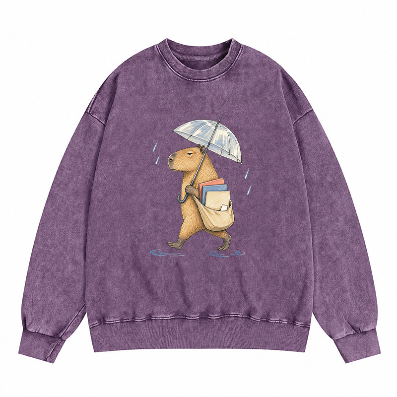 Capybara Rainy Day Book Washed Crewneck Sweatshirt