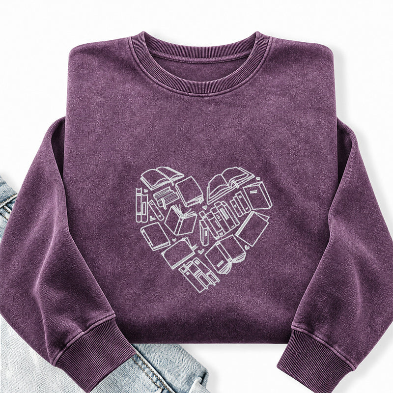Embroidered Book Heart Washed Crewneck Sweatshirt