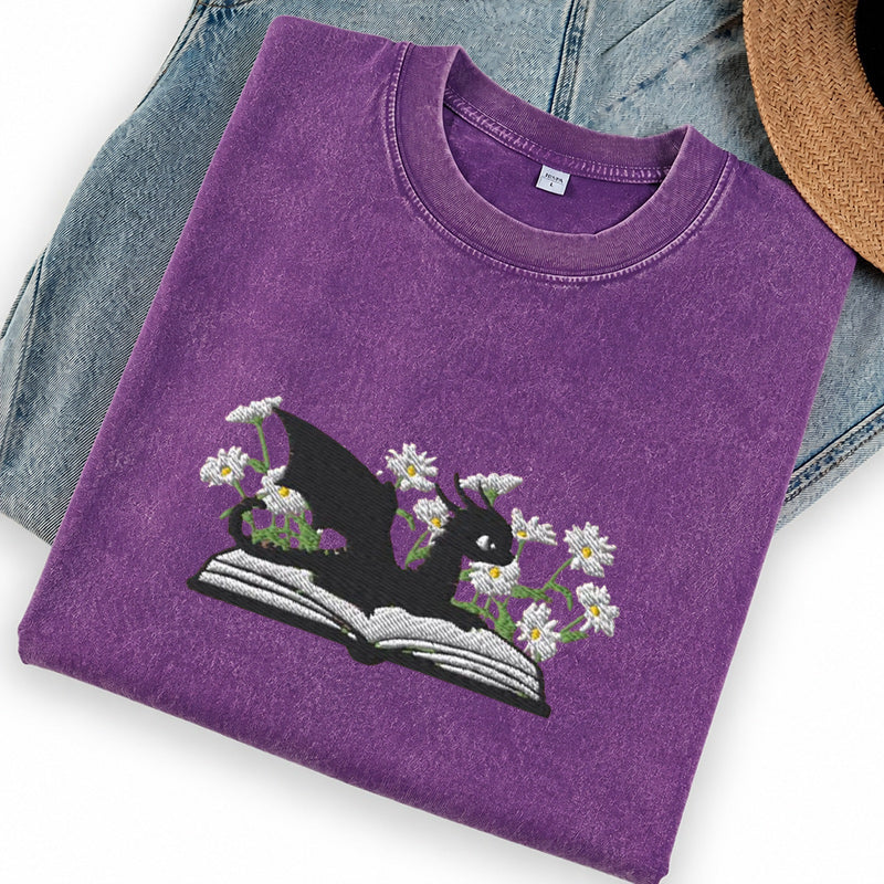 Embroidered Floral Dragon Book Washed Crew Neck T-Shirt