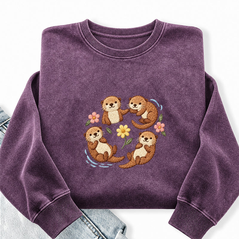 Embroidered Sea Otters And Flowers Washed Crewneck Sweatshirt