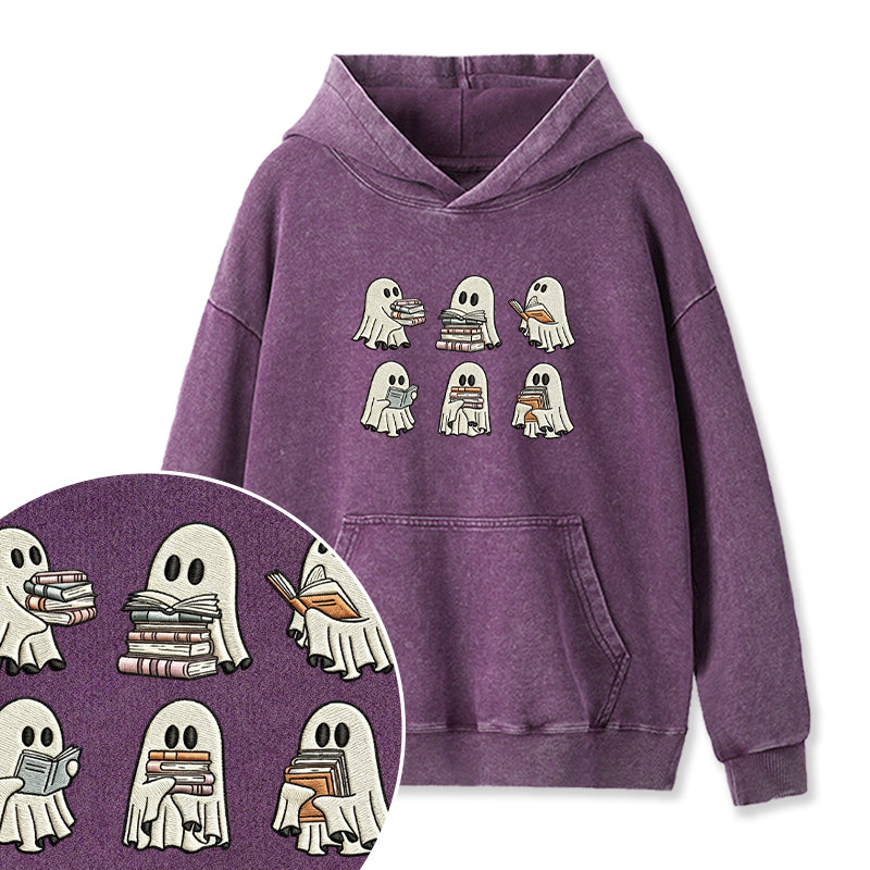 Embroidered Halloween Ghost Book Washed Hoodie