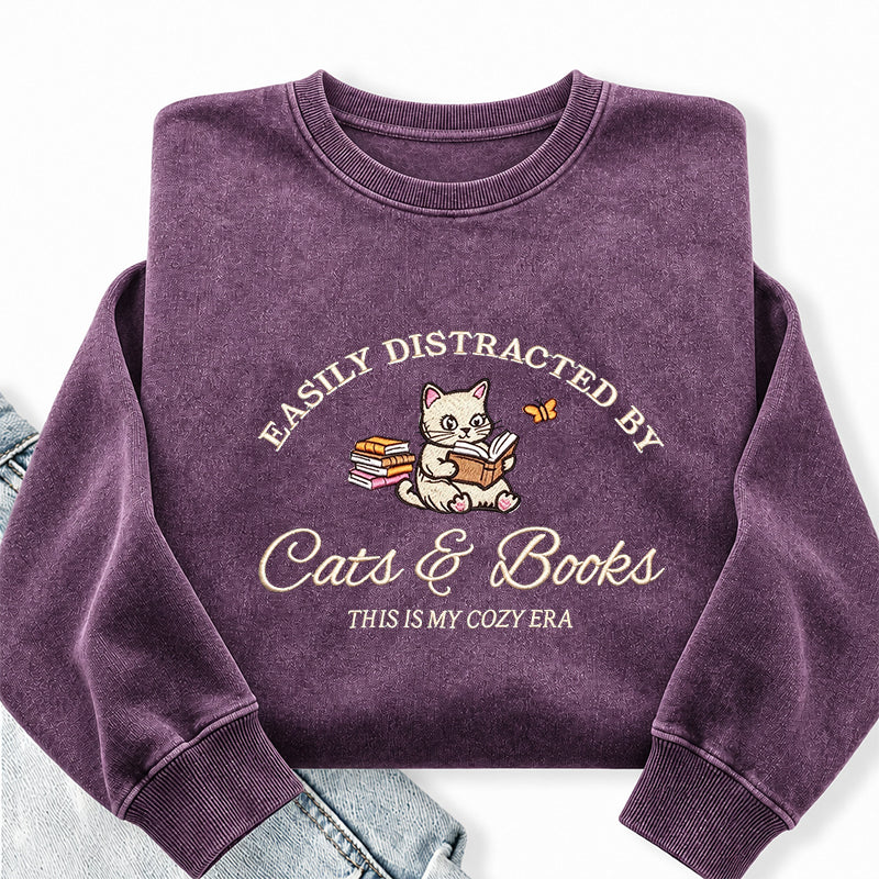 Embroidered Distracted By Cats and Books Washed Crewneck Sweatshirt