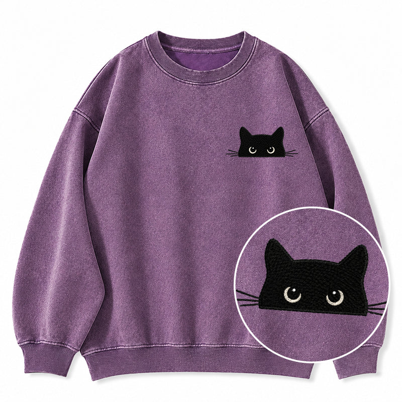 Embroidered Peeking Black Cat Washed Crewneck Sweatshirt