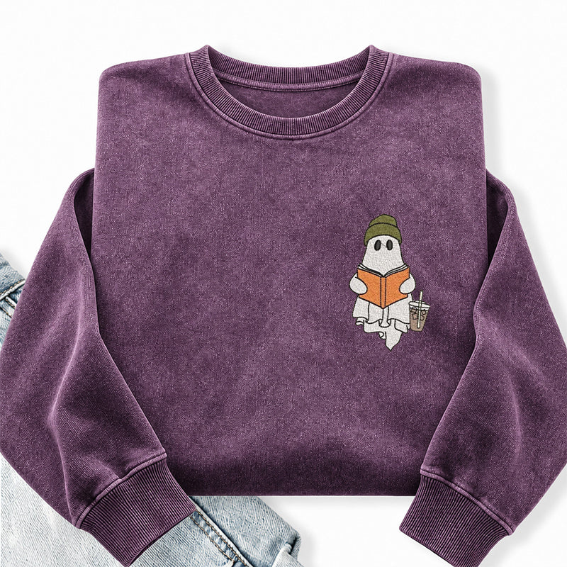Embroidered Cute Ghost Reading Washed Crewneck Sweatshirt