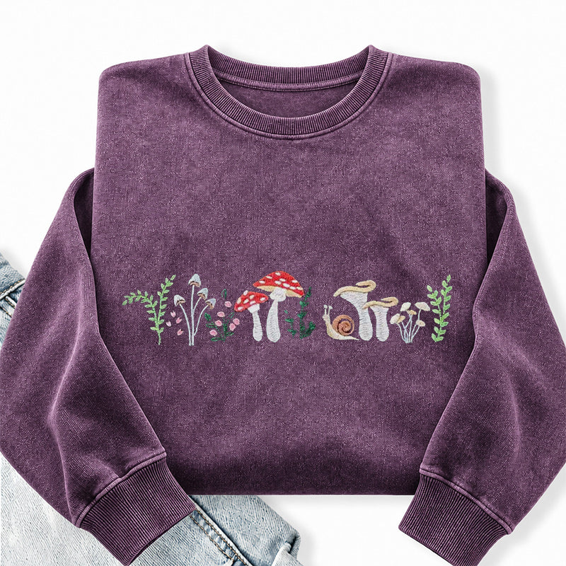 Embroidered Forest Mushroom Washed Crewneck Sweatshirt