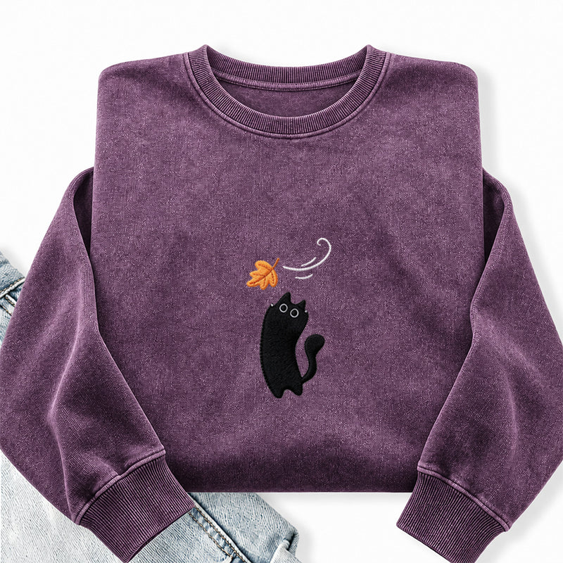 Embroidered Black Cats Fall Washed Crewneck Sweatshirt