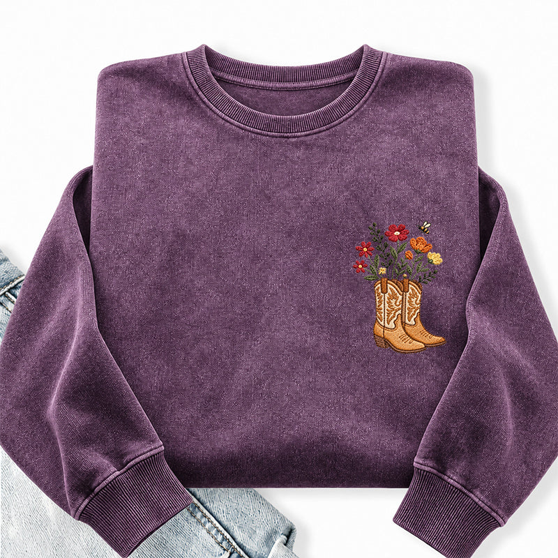 Embroidered Flower Cowboy Boots Washed Crewneck Sweatshirt