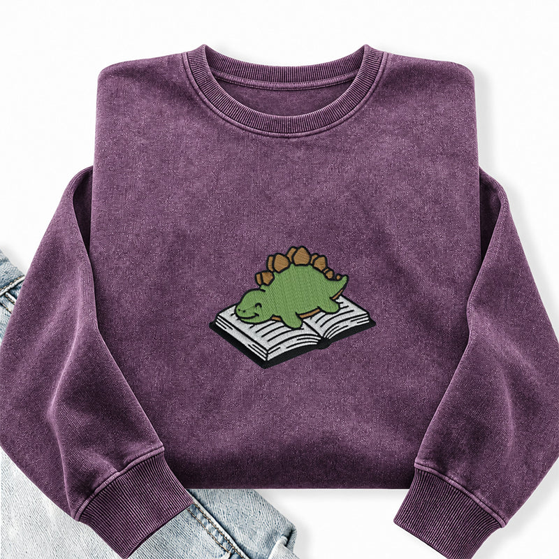Embroidered Dinosaur Reading Books Washed Crewneck Sweatshirt