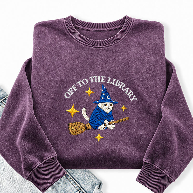 Embroidered Cat Off To The Library Washed Crewneck Sweatshirt
