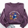 Embroidered Cat Off To The Library Washed Crewneck Sweatshirt