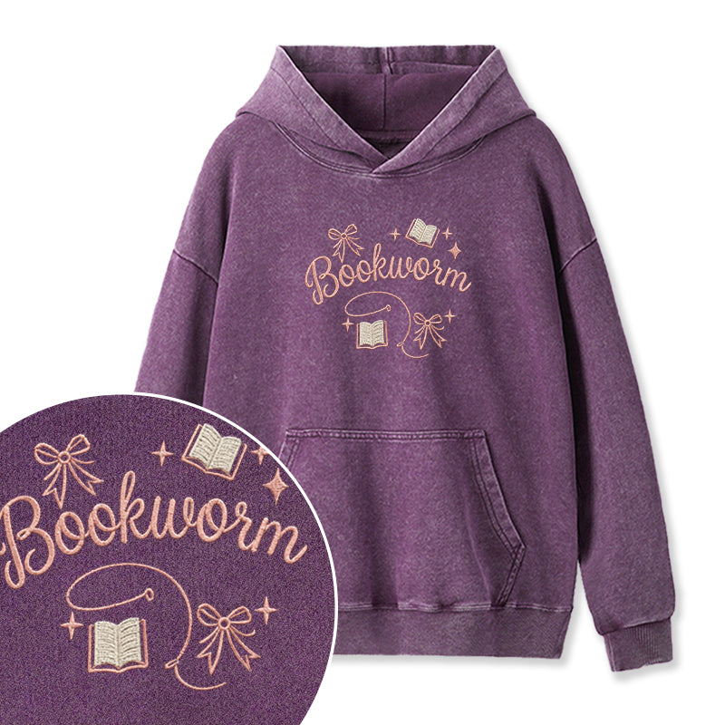 Embroidered Funny Bookworm Washed Hoodie