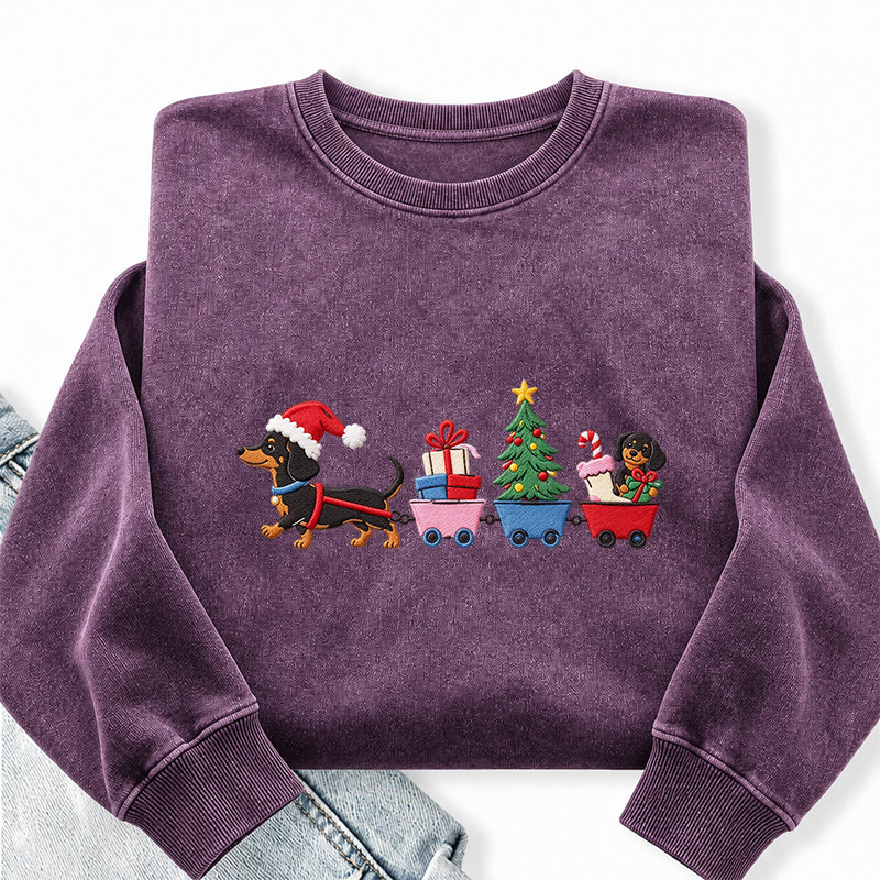 Embroidered Christmas Dachshund Washed Crewneck Sweatshirt