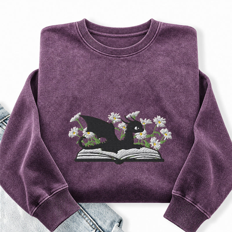 Embroidered Floral Dragon Book Washed Crewneck Sweatshirt