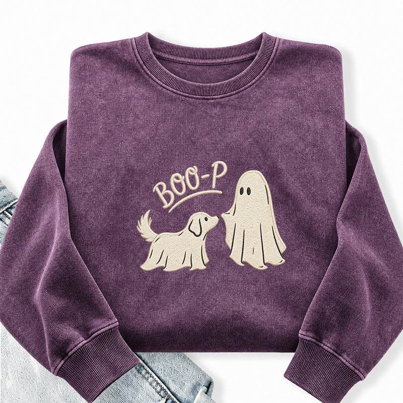 Embroidered Boo-P Ghost Dog Washed Crewneck Sweatshirt