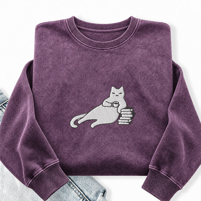 Embroidered Bookish Cat Drinking Coffee Washed Crewneck Sweatshirt