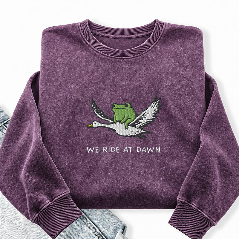 Embroidered We Ride At Dawn Frog Washed Crewneck Sweatshirt