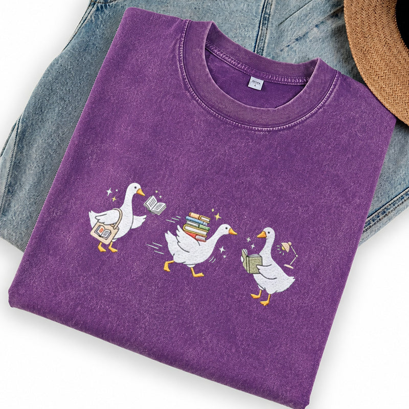 Embroidered Goose Reading Books Washed Crew Neck T-Shirt