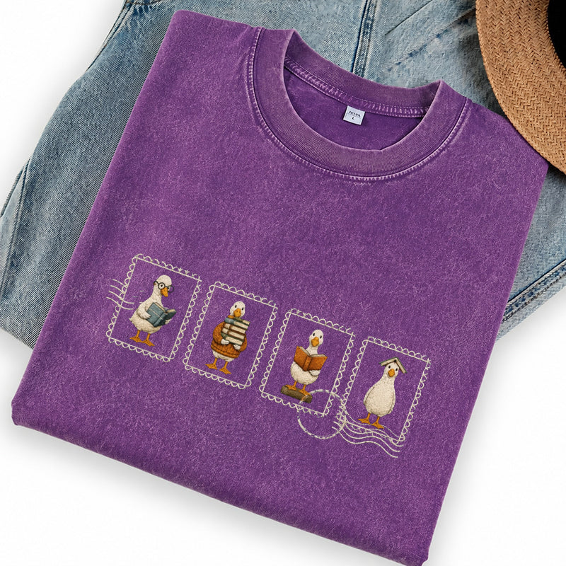 Embroidered Silly Goose Reading Washed Crew Neck T-Shirt