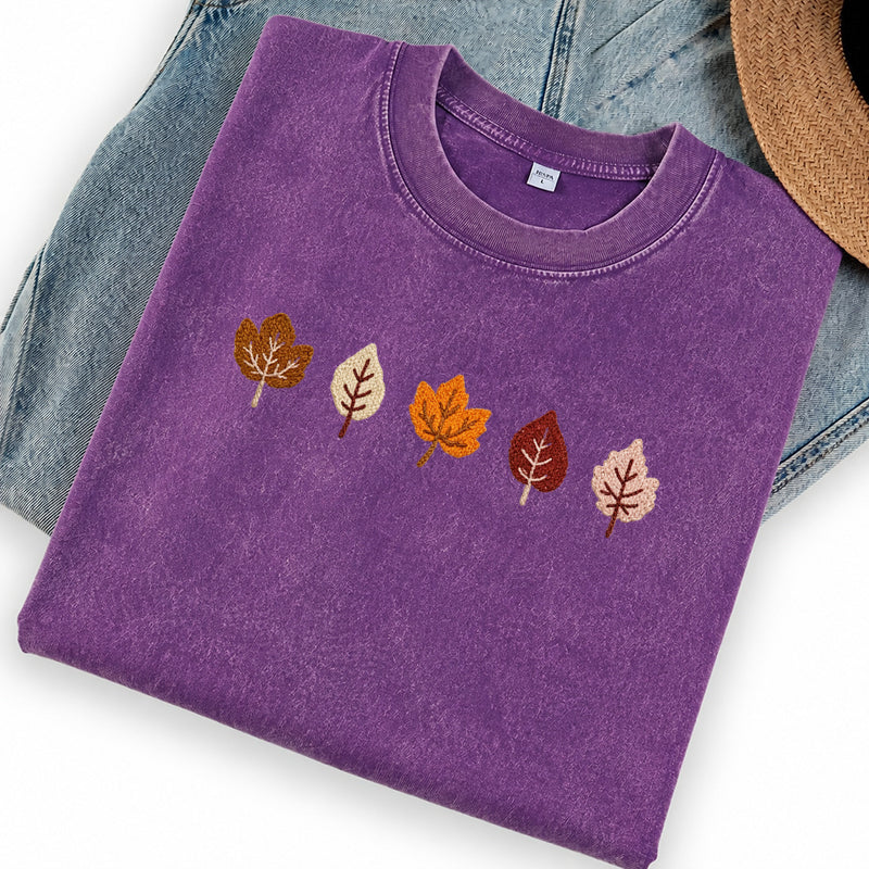 Embroidered Fall Leaves Washed Crew Neck T-Shirt