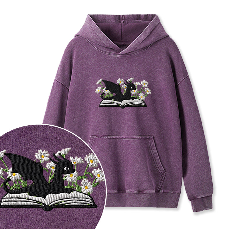 Embroidered Floral Dragon Book Washed Hoodie