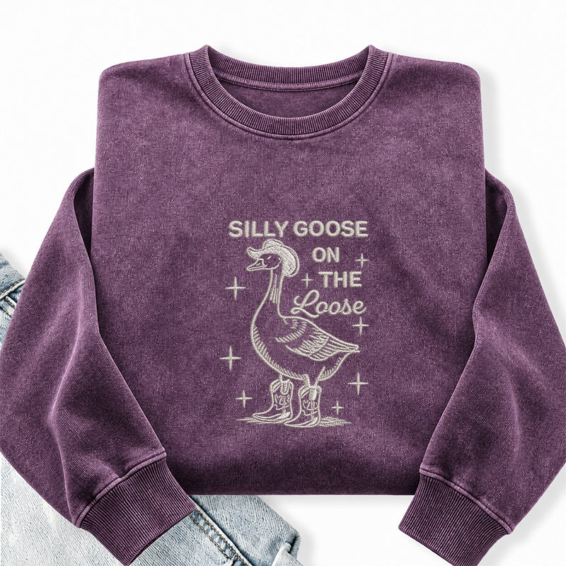 Embroidered Cowboy Silly Goose On The Loose Washed Crewneck Sweatshirt