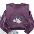 Embroidered Open Book With Butterflies Washed Crewneck Sweatshirt