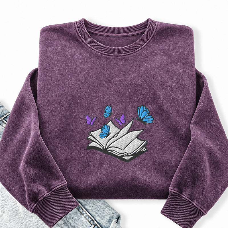 Embroidered Open Book With Butterflies Washed Crewneck Sweatshirt