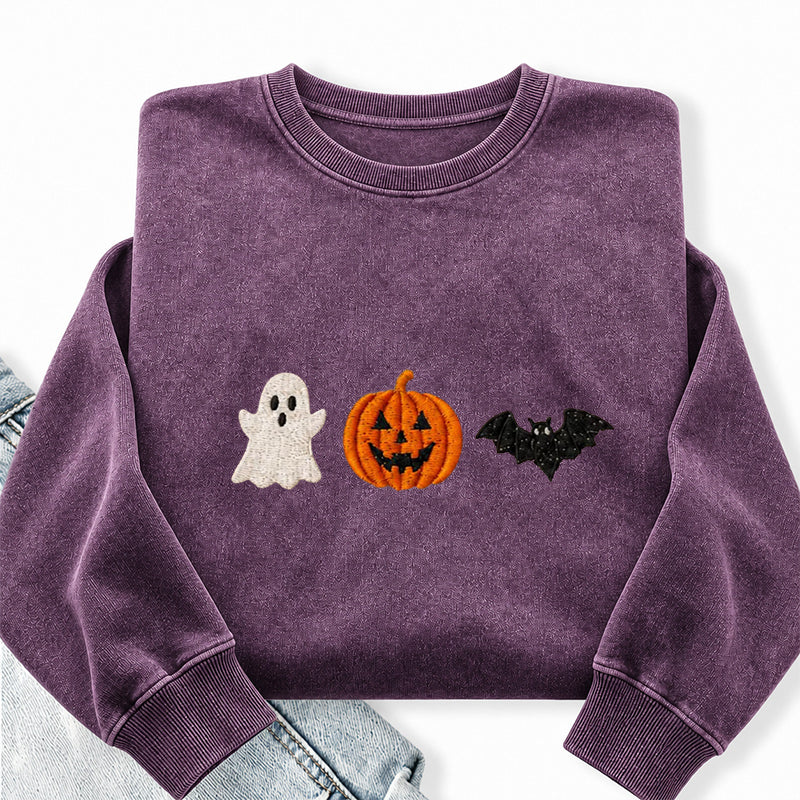 Embroidered Holloween Ghost Pumpkin Bat Washed Crewneck Sweatshirt